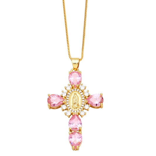 Elegante Rosa Kristall Kreuz Kette
